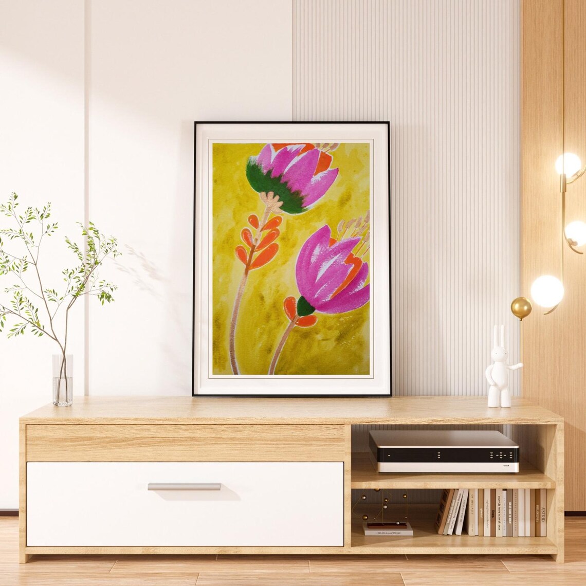 Magenta Tulips On Textured Golden Yellow Floral Painting Poster - Image 3