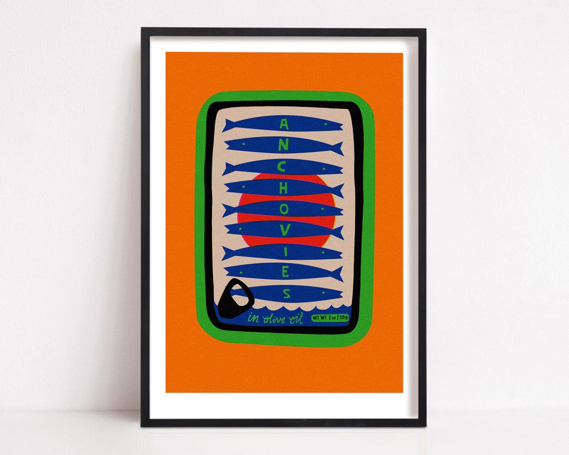 Anchovies Print, Retro Packaging Poster Print
