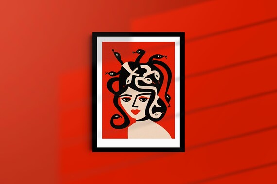 Medusa Mythology Bold Red Serpent Hair Illustrated Portrait Poster