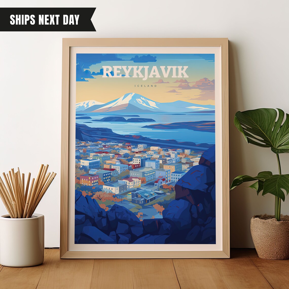 Reykjavik Iceland City Harbor Mountain View Panoramic Travel Poster