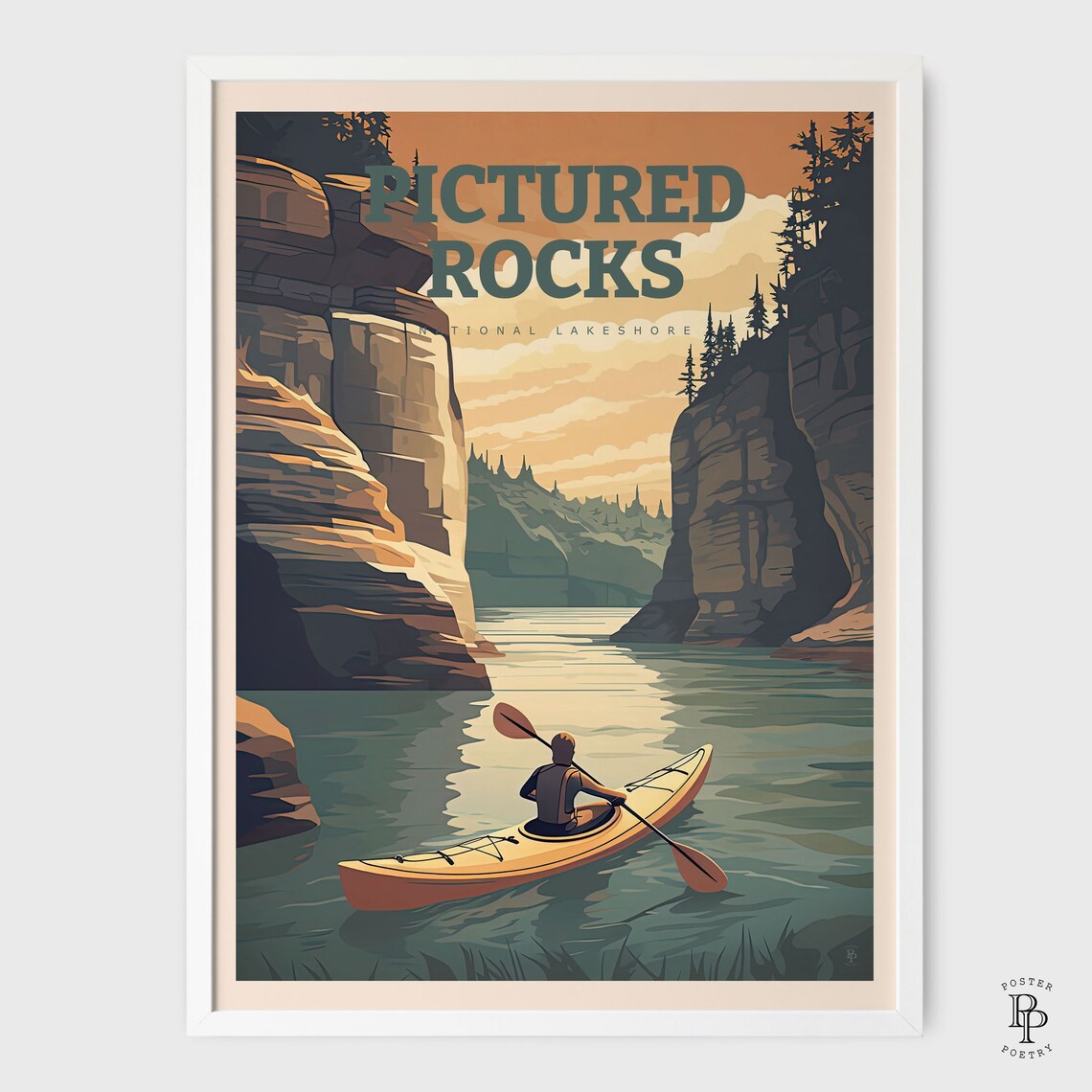 Pictured Rocks National Lakeshore Kayaker Sandstone Cliffs Sunset Travel Poster - Image 2