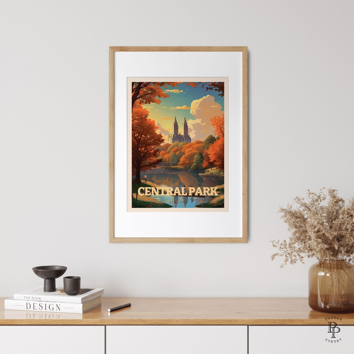 Central Park New York Autumn Lake Rowboat Skyline Fall Travel Poster - Image 3