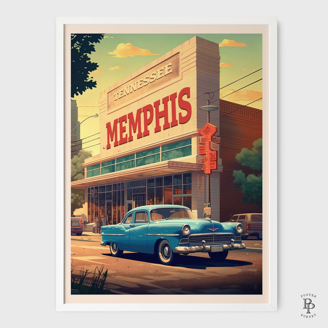 Memphis Tennessee Vintage Classic Car Downtown Storefront Scene Poster - Image 2