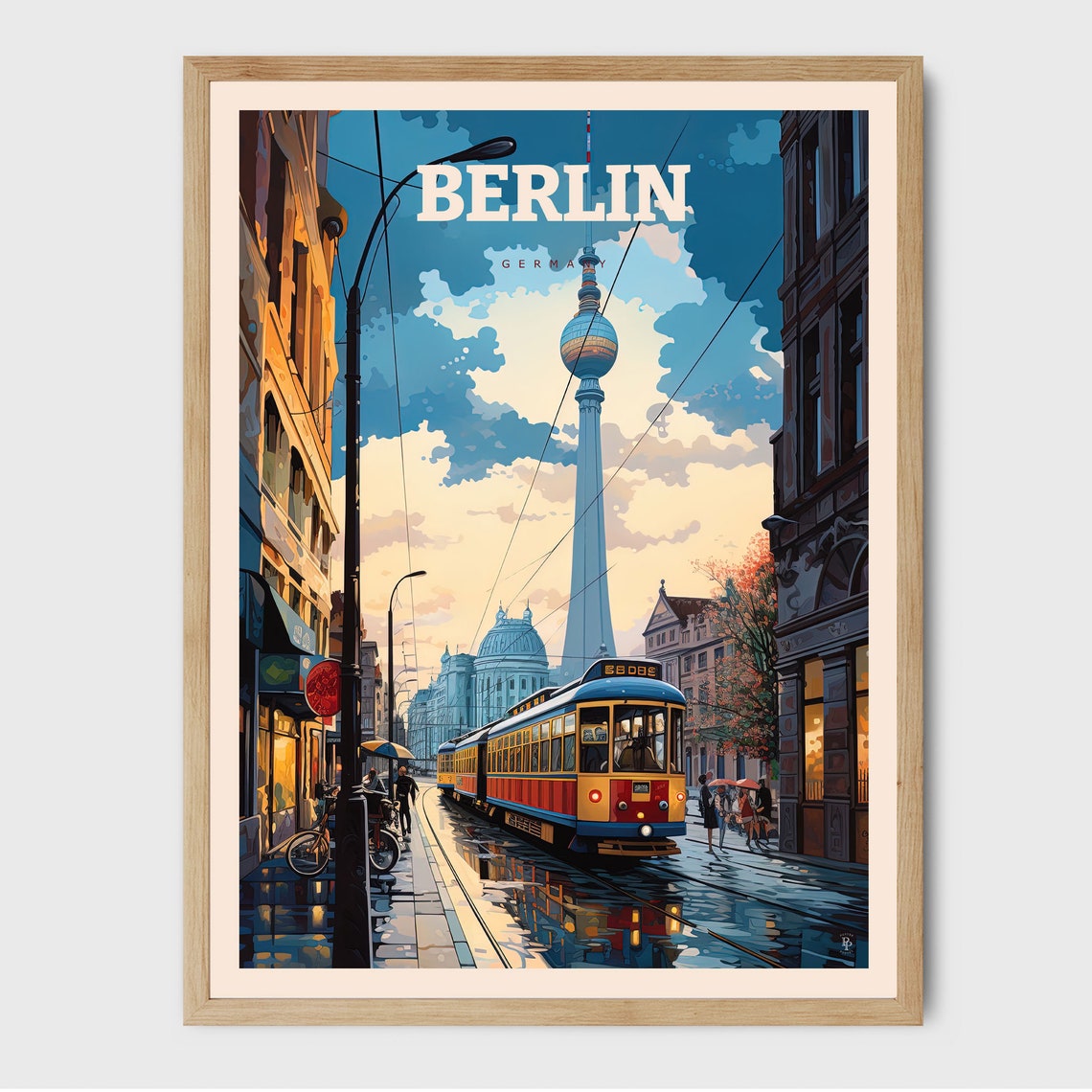 Berlin Germany TV Tower Tram Rainy Street Night Scene Travel Poster