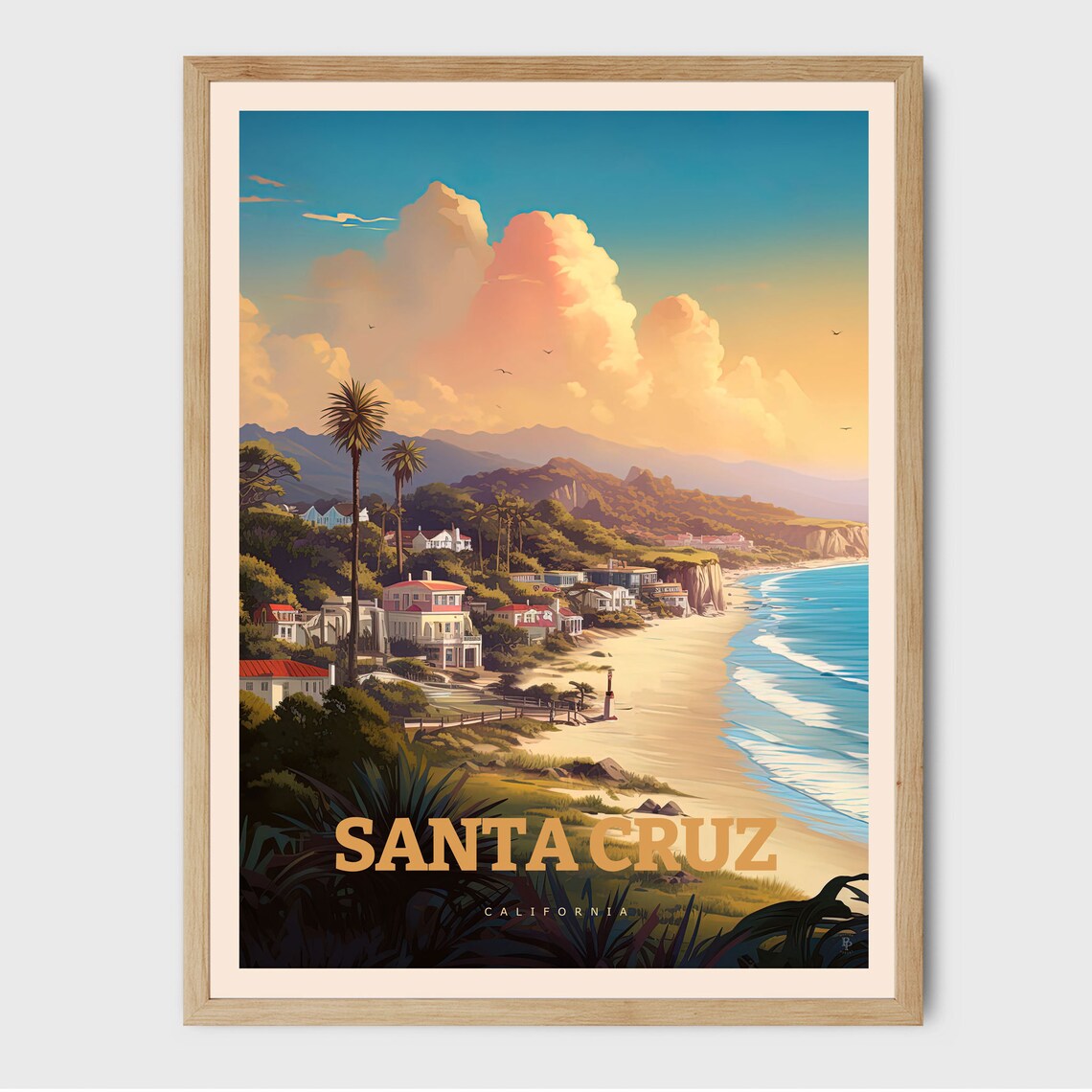 Santa Cruz Beach Travel Poster, Surf Decor Print