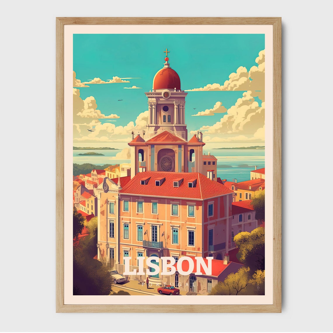 Lisbon Portugal Historic Domed Church Red Rooftops Travel Poster