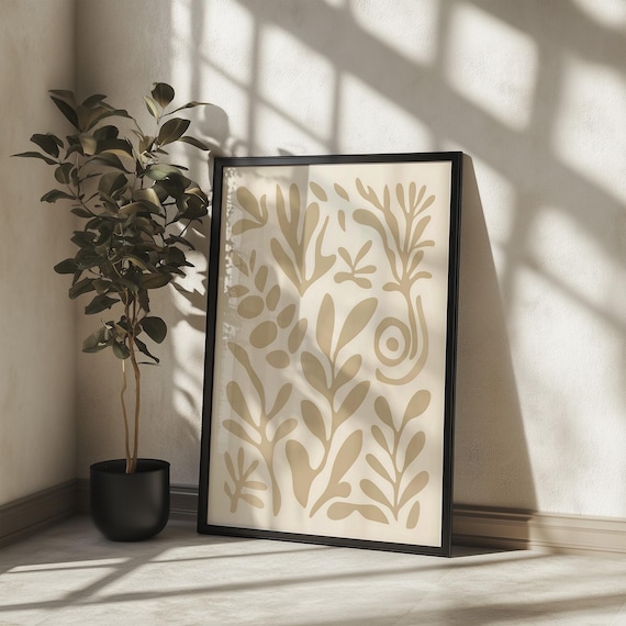 Neutral Beige Minimalist Matisse Style Botanical Cutout Leaf Poster