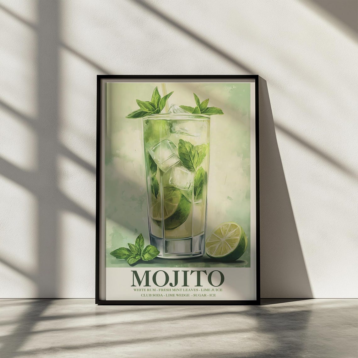 Mojito Cocktail Recipe Watercolor Print Kitchen Bar Decor Mint Lime
