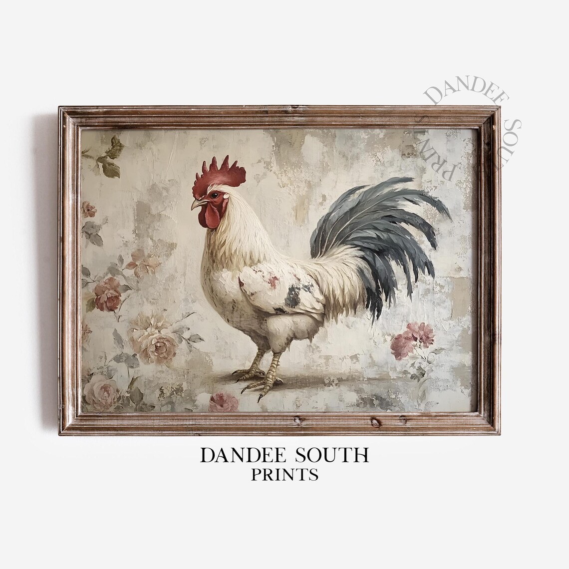 Vintage White Rooster with Pink Roses French Country Art Print