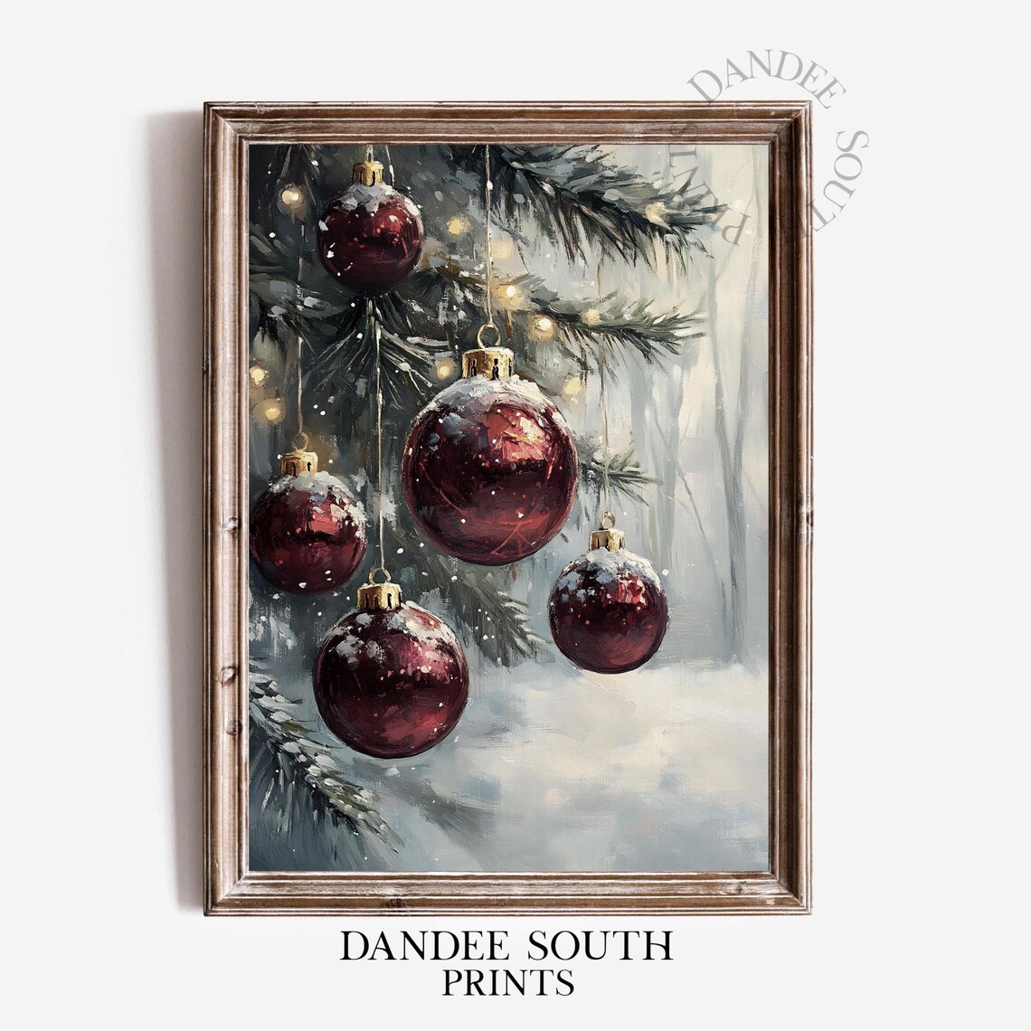 Red Christmas Ornaments on Snowy Pine Branches Oil Painting Holiday Poster