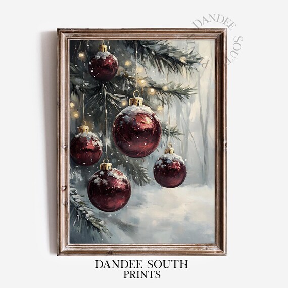 Red Christmas Ornaments on Snowy Pine Branches Oil Painting Holiday Poster