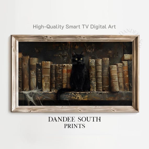 Halloween Tv Art For Framestyle Tvs Smart Black Cat On Bookshelf Painting Spooky Fall Home Decor Tv112