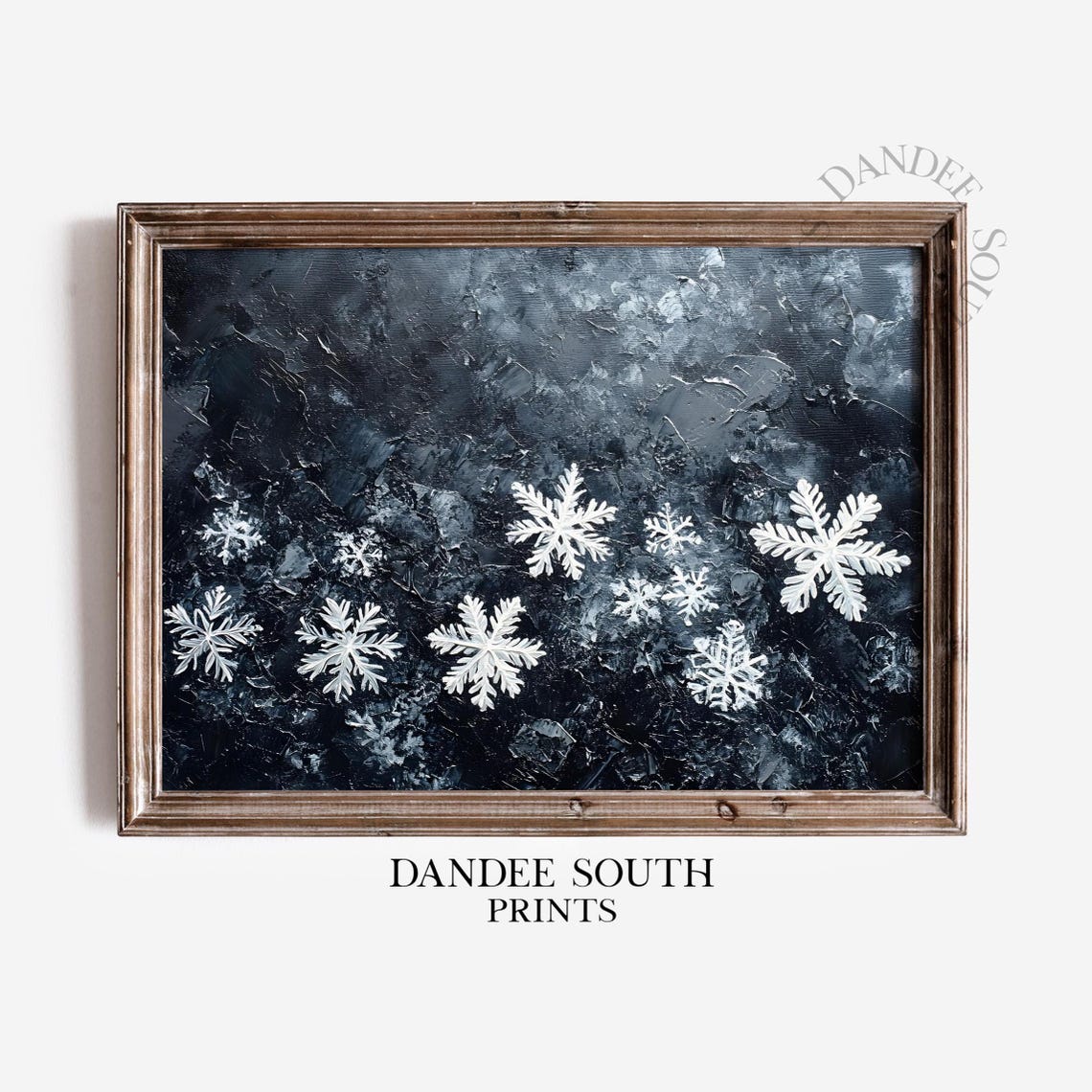 White Snowflakes on Dark Moody Background Winter Holiday Wall Art