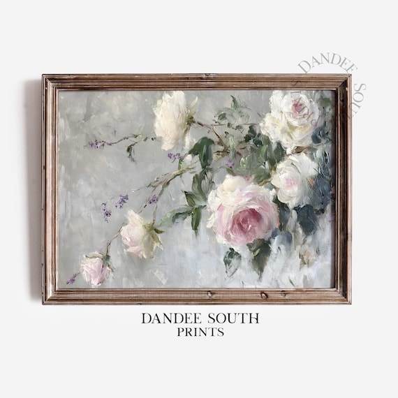 White and Blush Pink Roses Vintage Floral Oil Painting Art Print