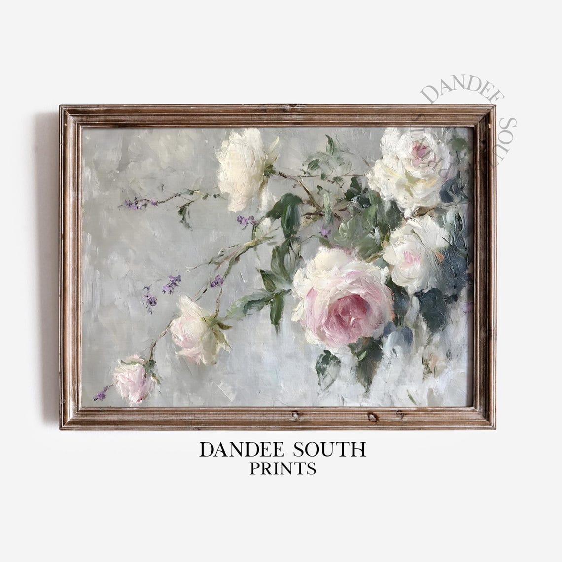 White and Blush Pink Roses Vintage Floral Oil Painting Art Print