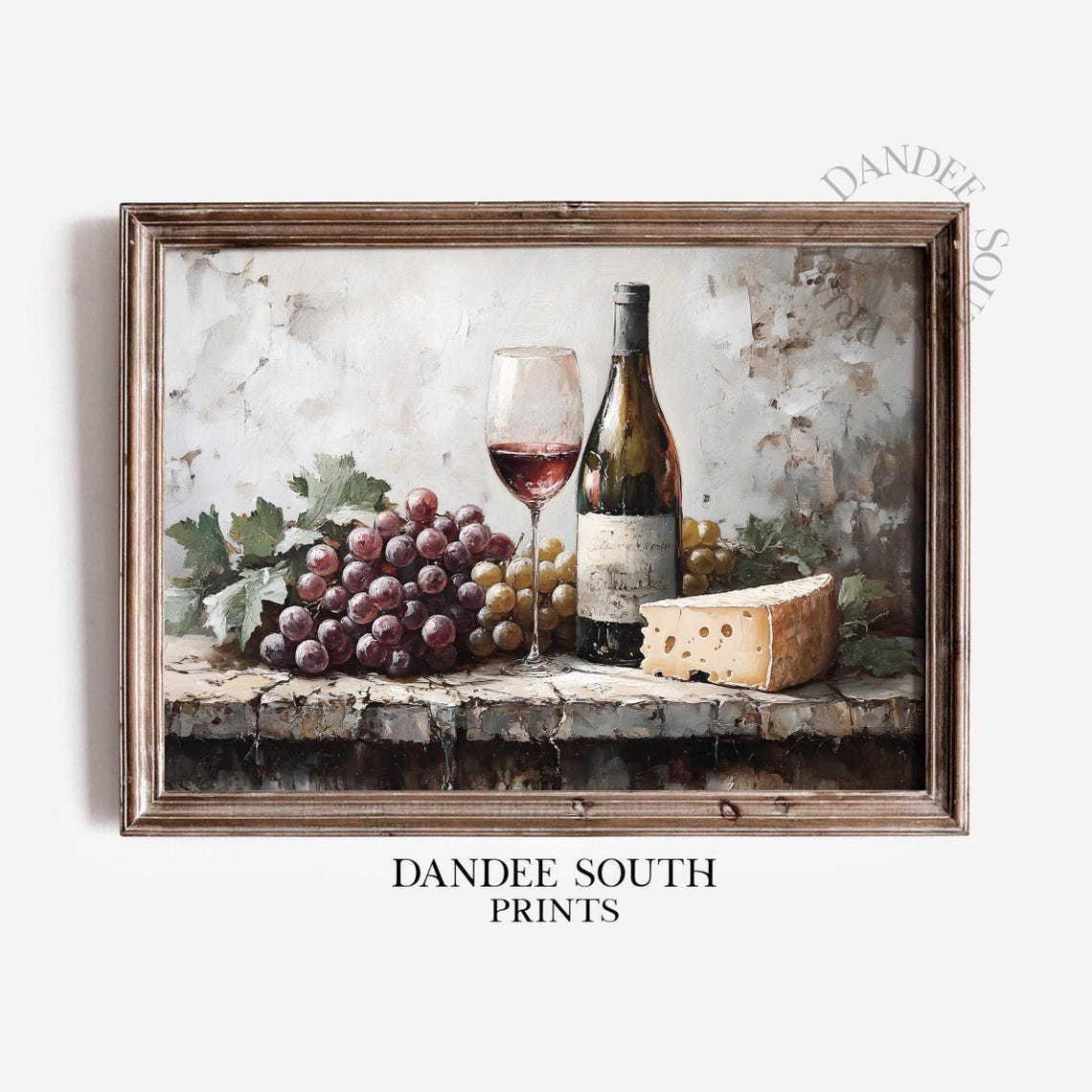 Red Wine Glass Bottle Grapes Cheese Ledge Vintage Still Life Poster