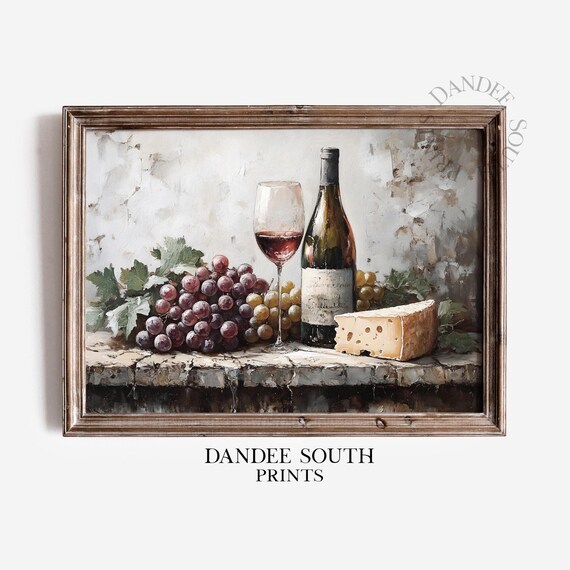 Red Wine Glass Bottle Grapes Cheese Ledge Vintage Still Life Poster