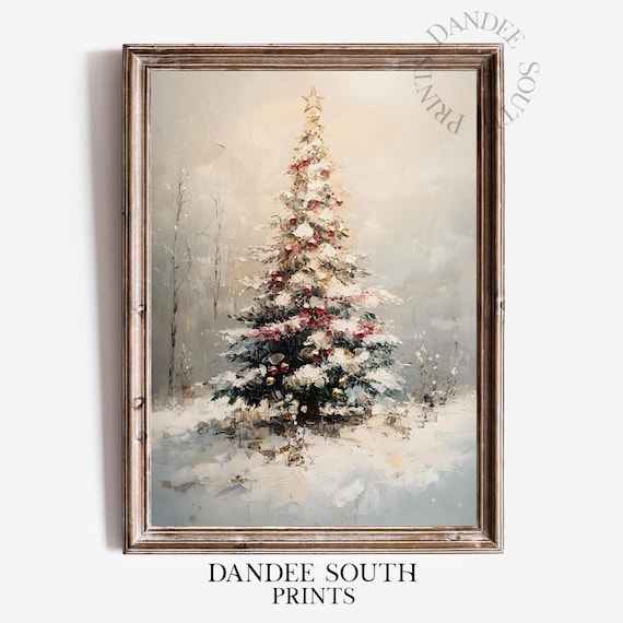 Vintage Christmas Tree Star Topper Snowy Holiday Painting Poster