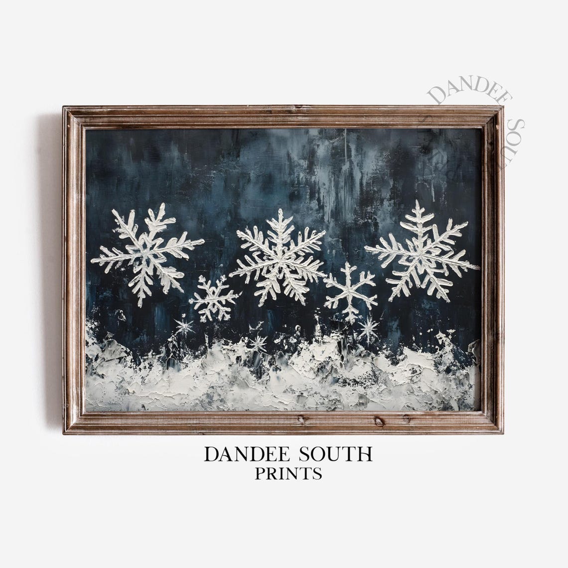 White Snowflakes On Dark Blue Moody Christmas Winter Painting Wall Art
