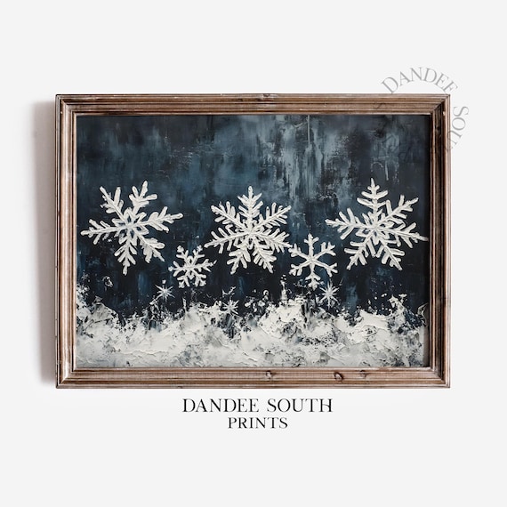 White Snowflakes On Dark Blue Moody Christmas Winter Painting Wall Art