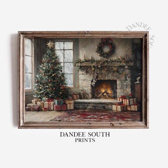 Cozy Christmas Living Room Fireplace Tree Gifts Vintage Holiday Scene Print