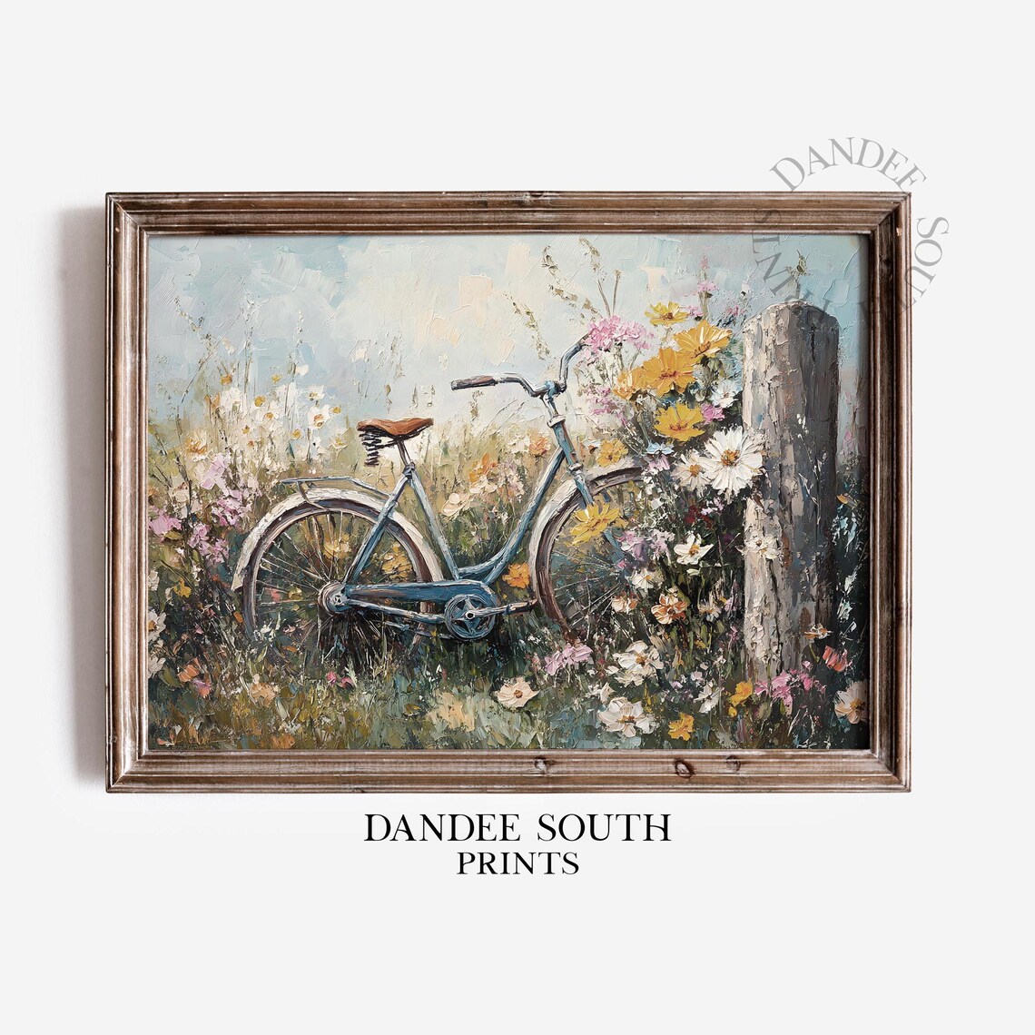 Vintage Blue Bicycle among Wildflowers Countryside Oil Painting Poster