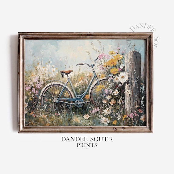 Vintage Blue Bicycle among Wildflowers Countryside Oil Painting Poster