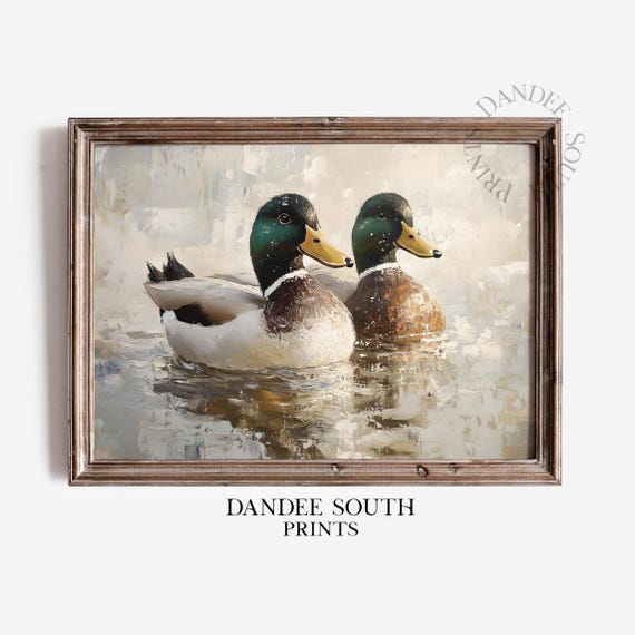 Vintage Ducks Wall Art Mallard Oil Painting Lake Landscape Nature And Wildlife Print 280