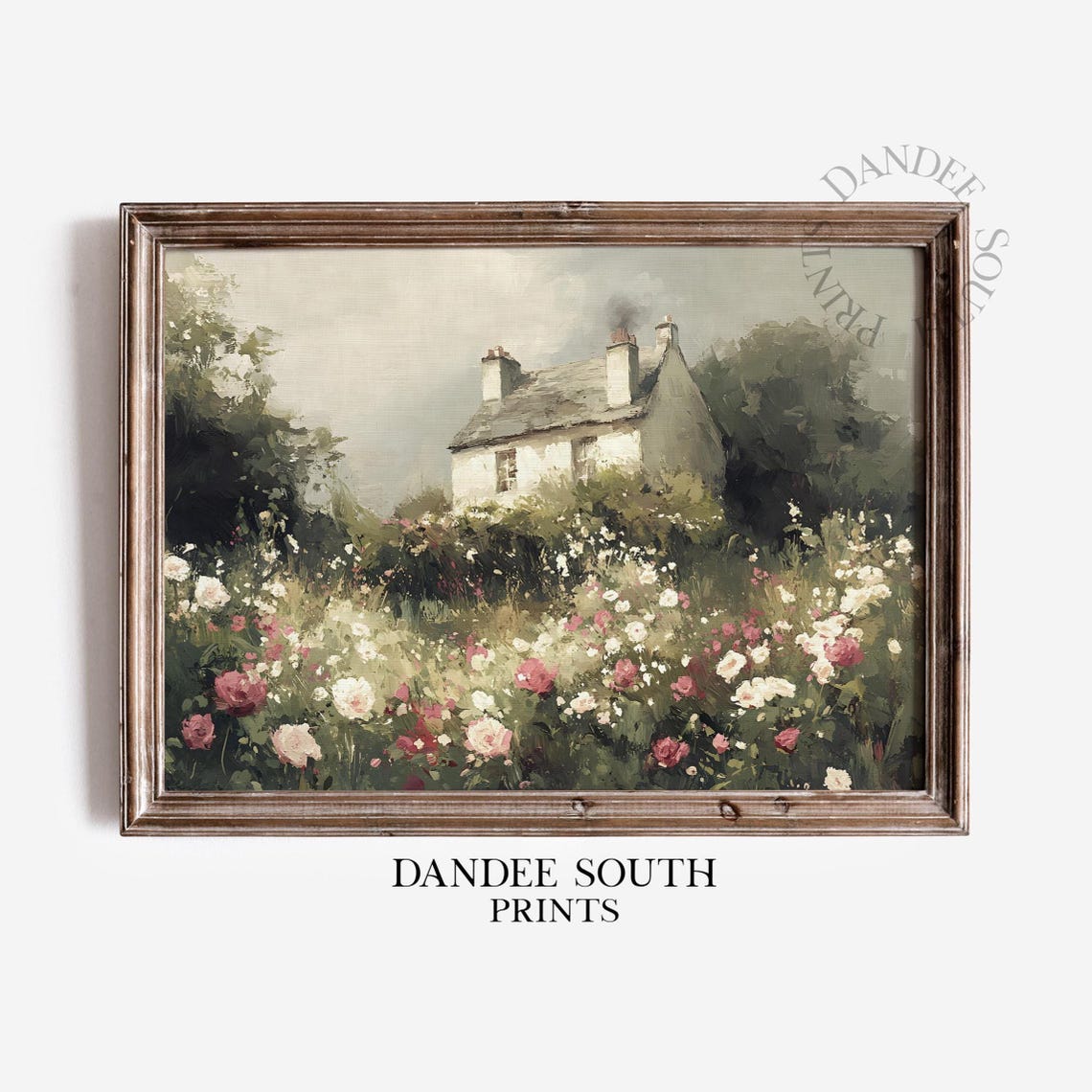 White Cottage Surrounded by Wildflower Garden Dreamy Art Poster