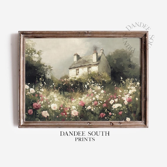 White Cottage Surrounded by Wildflower Garden Dreamy Art Poster