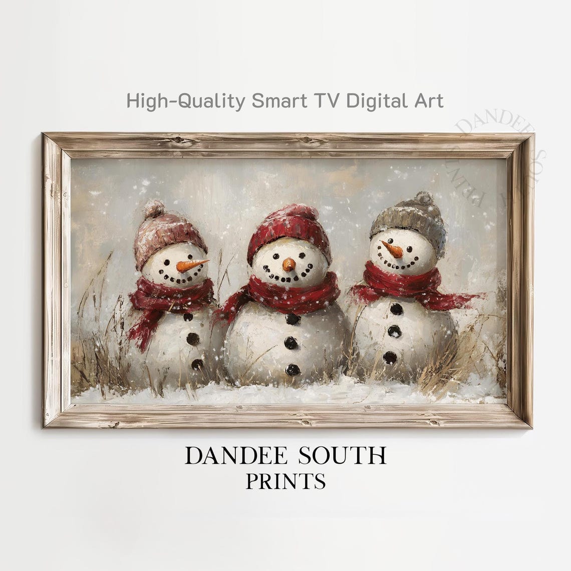 Snowmen In Front Of Rustic Barn At Night Vintage Winter Scene Wall Art