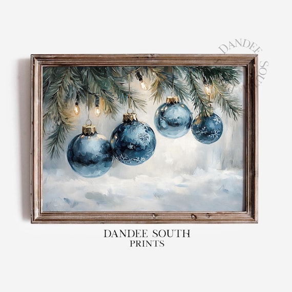 Blue Christmas Baubles Pine Branch Fairy Lights Holiday Painting Poster