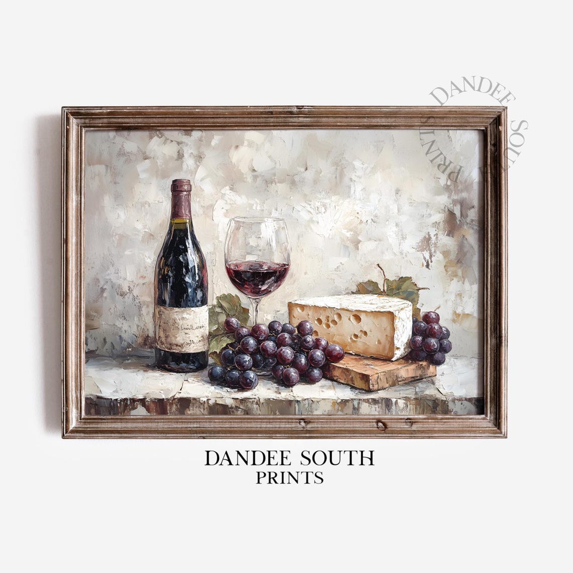 Dark Red Wine Bottle Grapes Cheese Board Rustic Still Life Poster