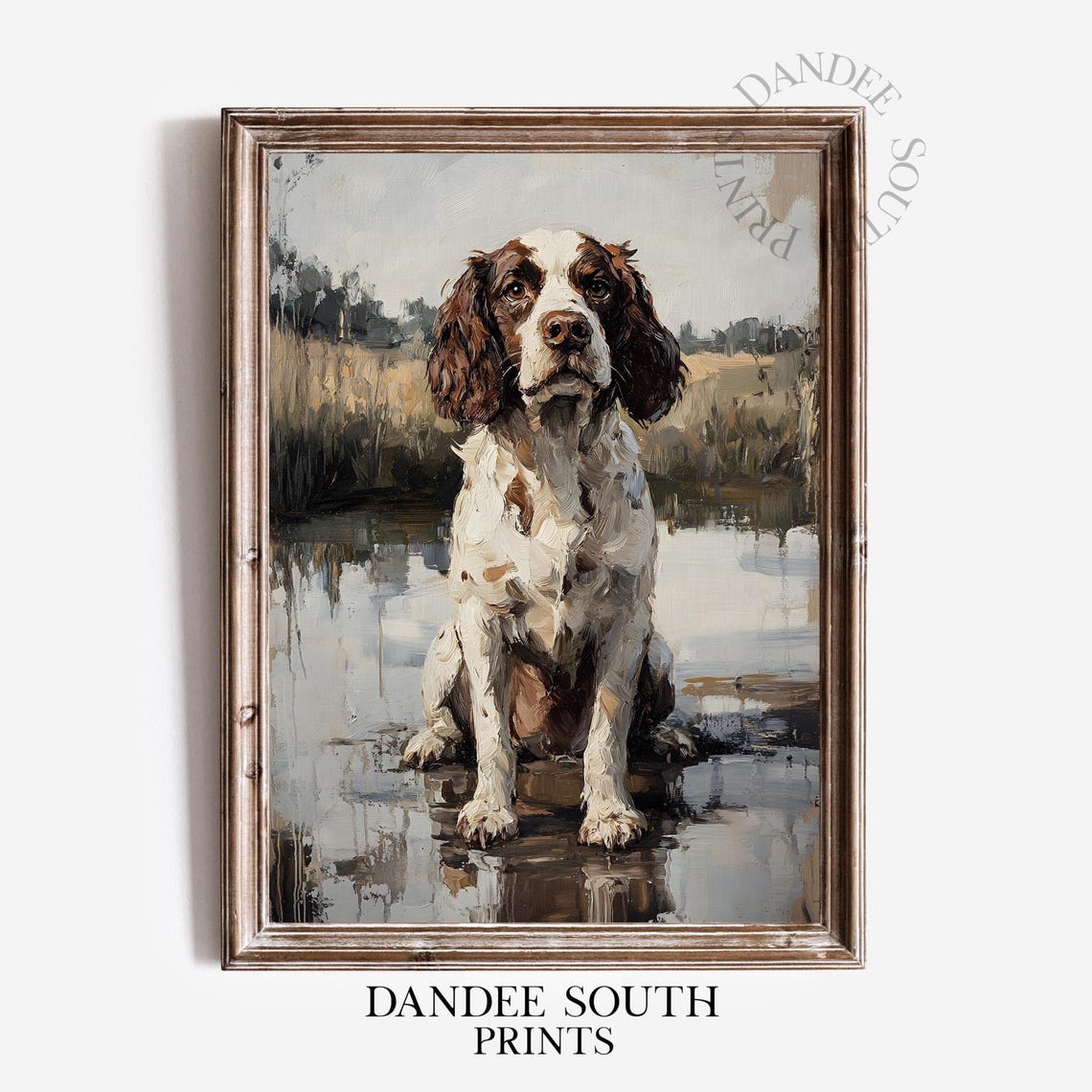 English Springer Spaniel Sitting by Water Lake Portrait Art Print