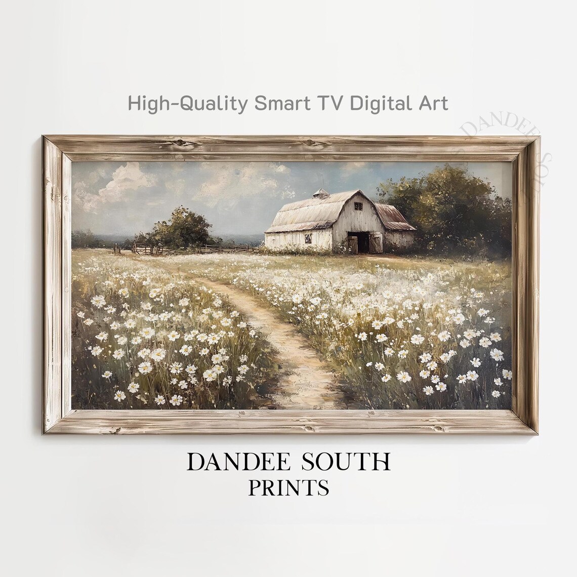 Vintage White Barn Daisy Field Country Road Farmhouse Poster
