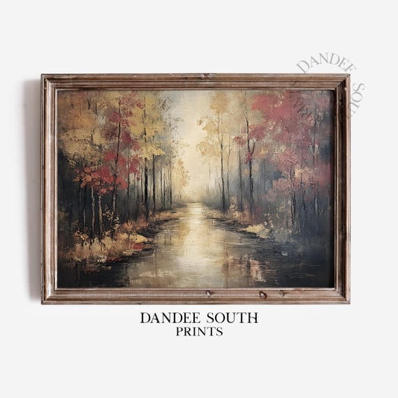 Vintage Fall Landscape Oil Painting Autumn Wall Art Forest Farmhouse Decor 534