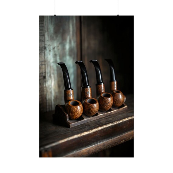 Four Vintage Briar Tobacco Pipes Rustic Wooden Stand Still Life Poster