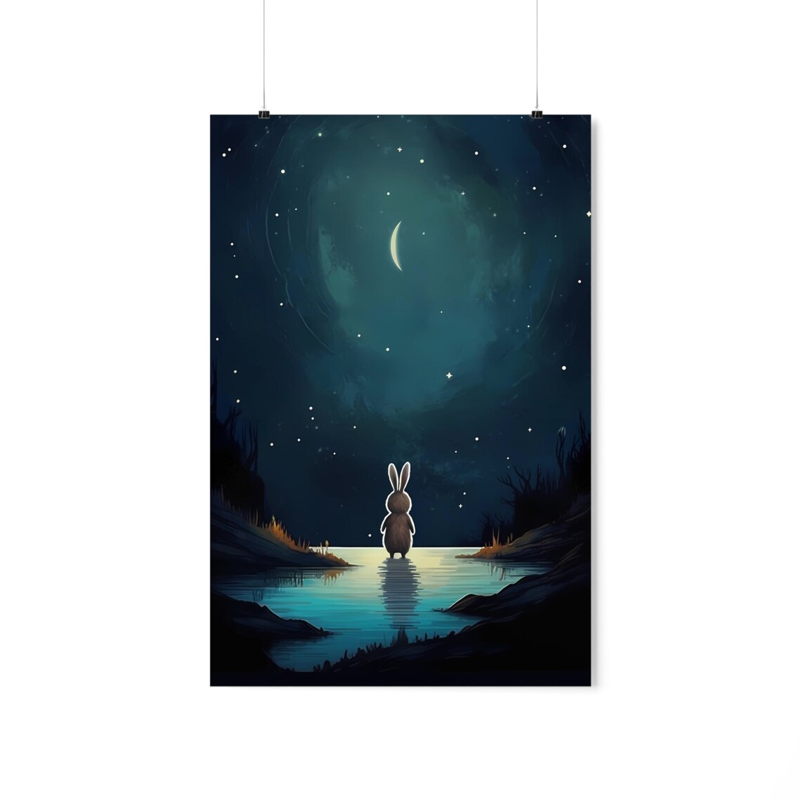 Rabbit And Moon Poster, Whimsical Lunar Wall Art