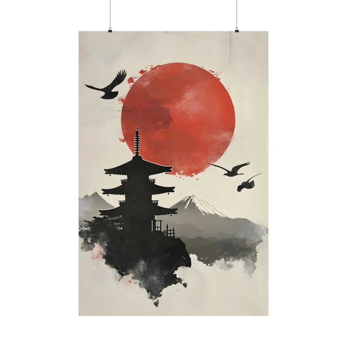 Japanese Ink Pagoda Red Sun Mount Fuji Cranes Minimalist Poster