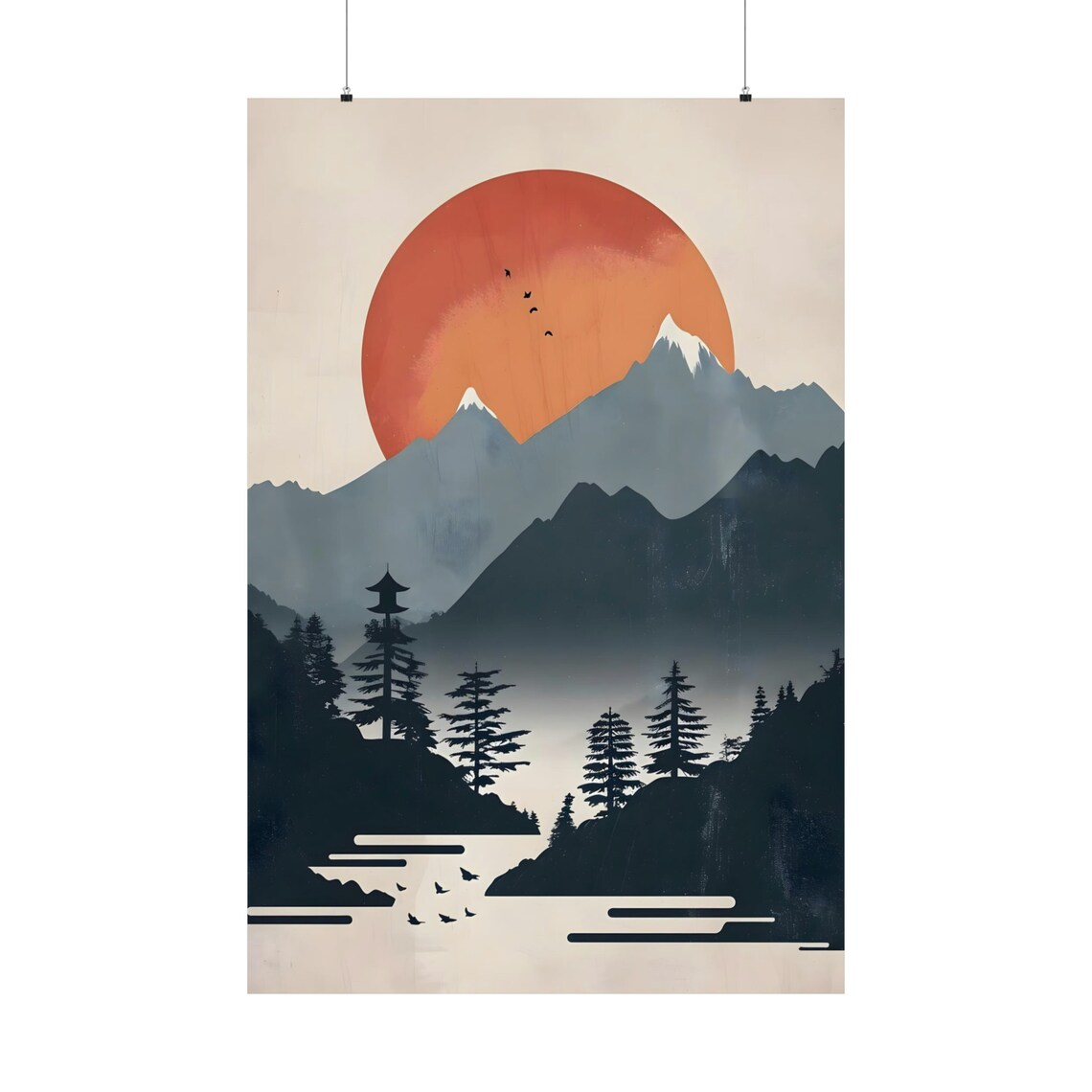 Japanese Sunset Landscape Red Sun Mountains Lake Nature Art Print