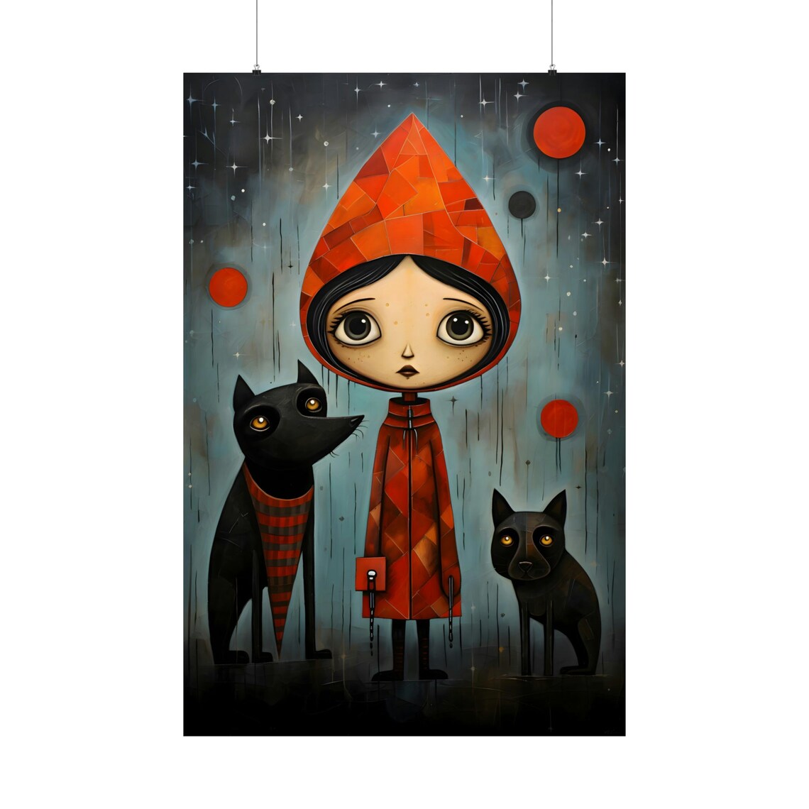 Red Hood Girl Poster Mosaic Style Two Black Dogs Fantasy Artwork