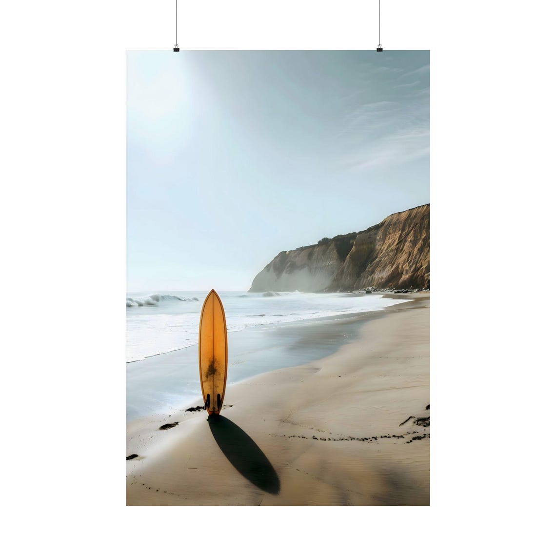 Surfboard On Sandy Beach By Cliffs Coastal Photography Poster