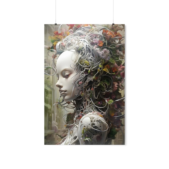 Whimsical Futuristic Woman Floral Cyborg Portrait Organic Botanical Poster