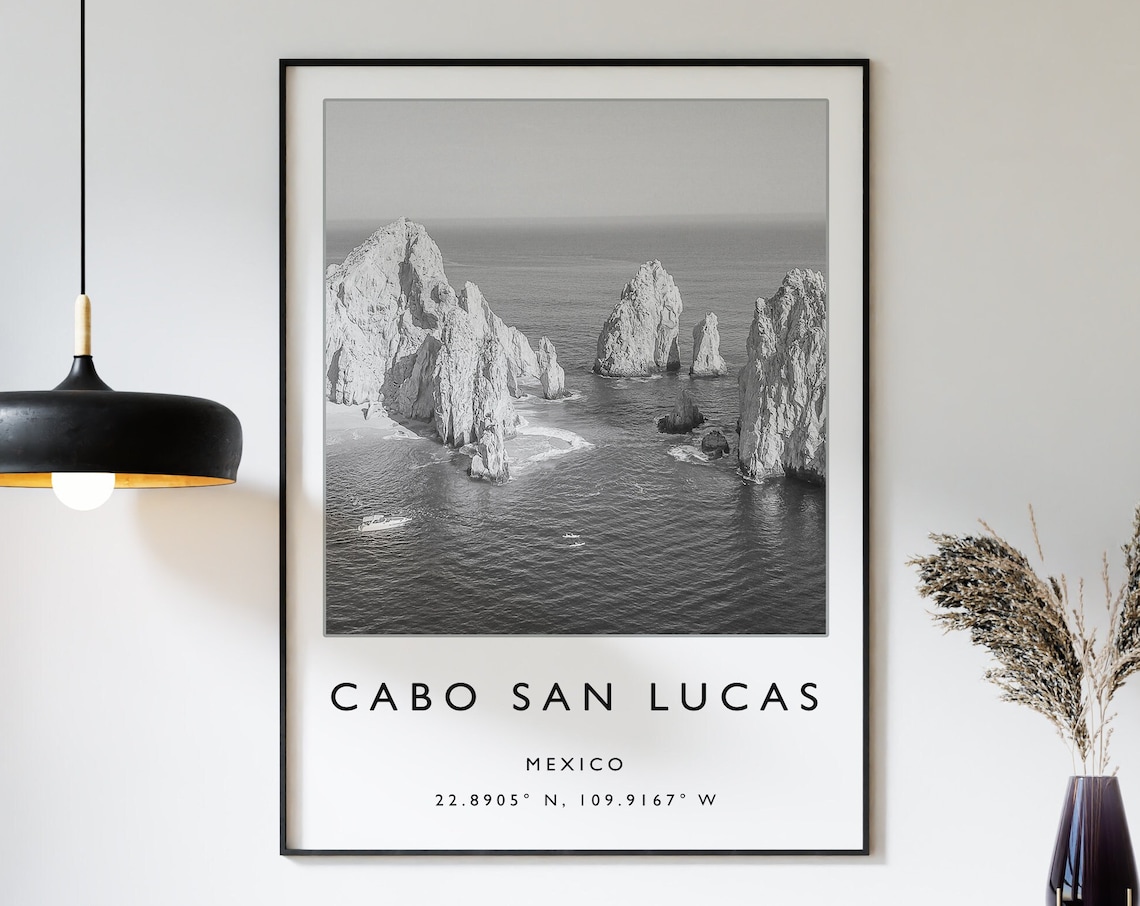 Cabo San Lucas El Arco Black White Aerial Photo Coordinates Print