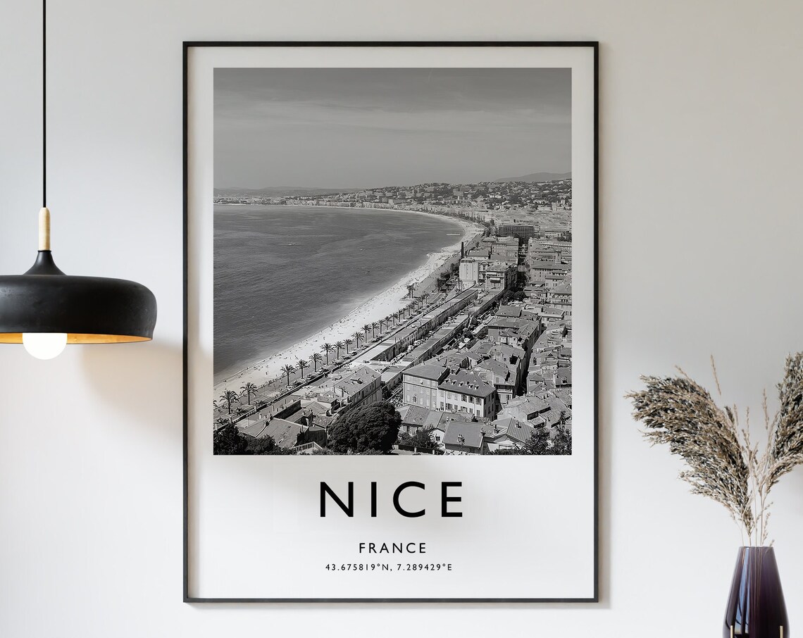 Nice France Black and White Aerial Promenade Photo Art Poster