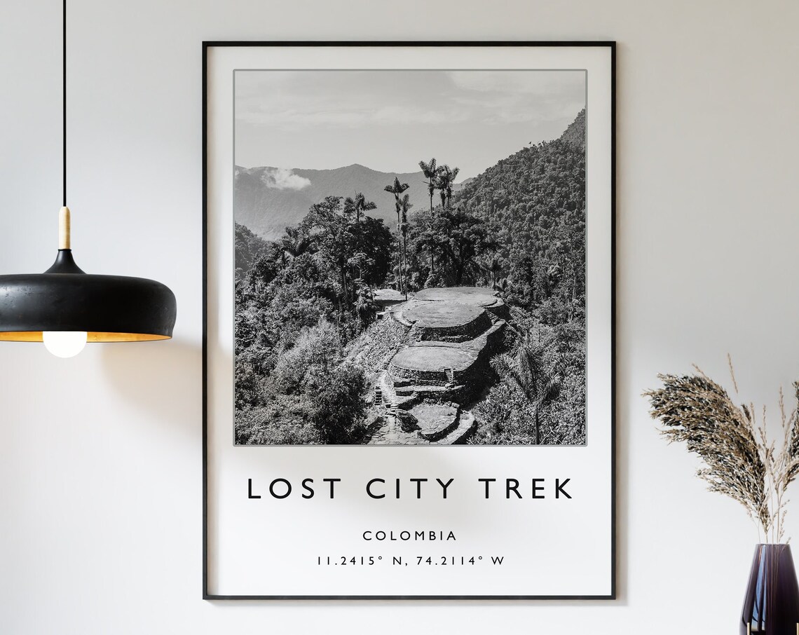 Lost City Trek Colombia Black White Jungle Ruins Adventure Poster