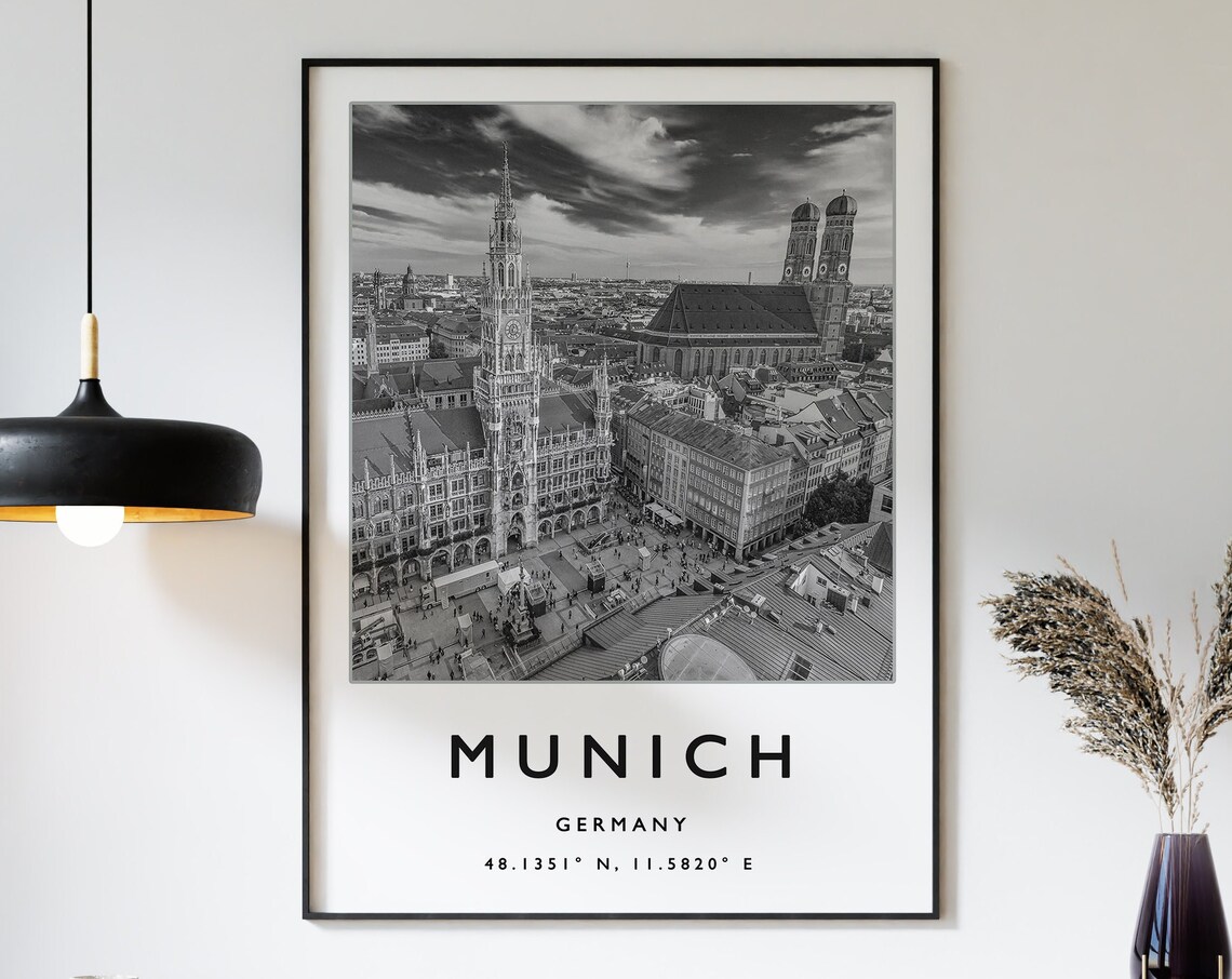 Munich Germany Black White City Skyline Coordinates Travel Poster