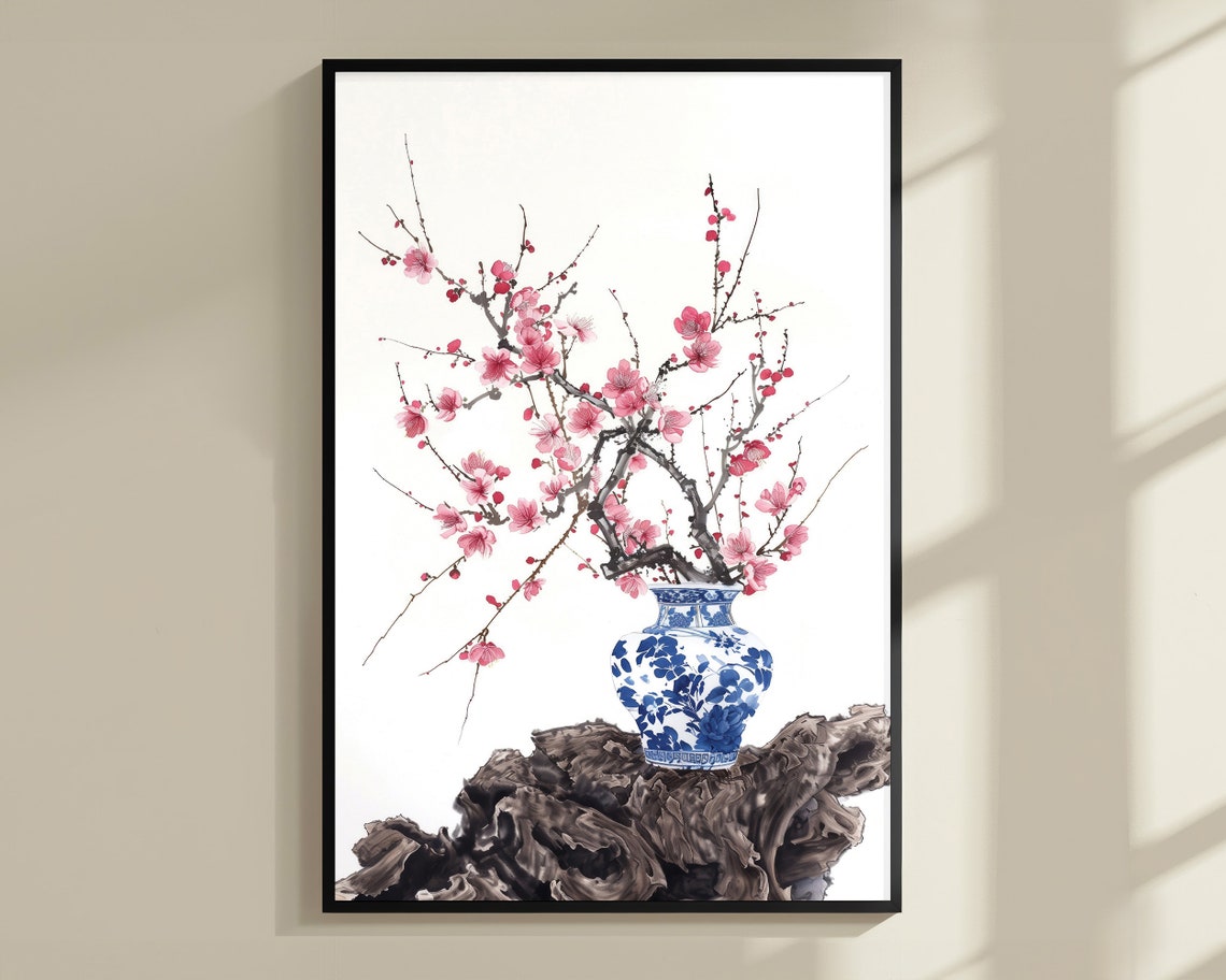 Plum Blossom Blue Porcelain Vase Ink Wash Chinese Spring Flower Poster - Image 3