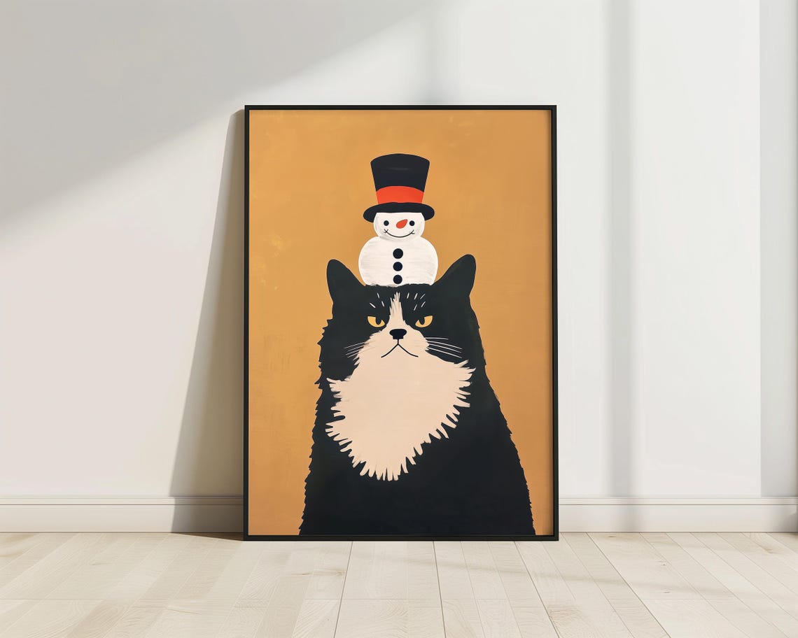 Black Tuxedo Cat Snowman Hat Funny Christmas Holiday Wall Art