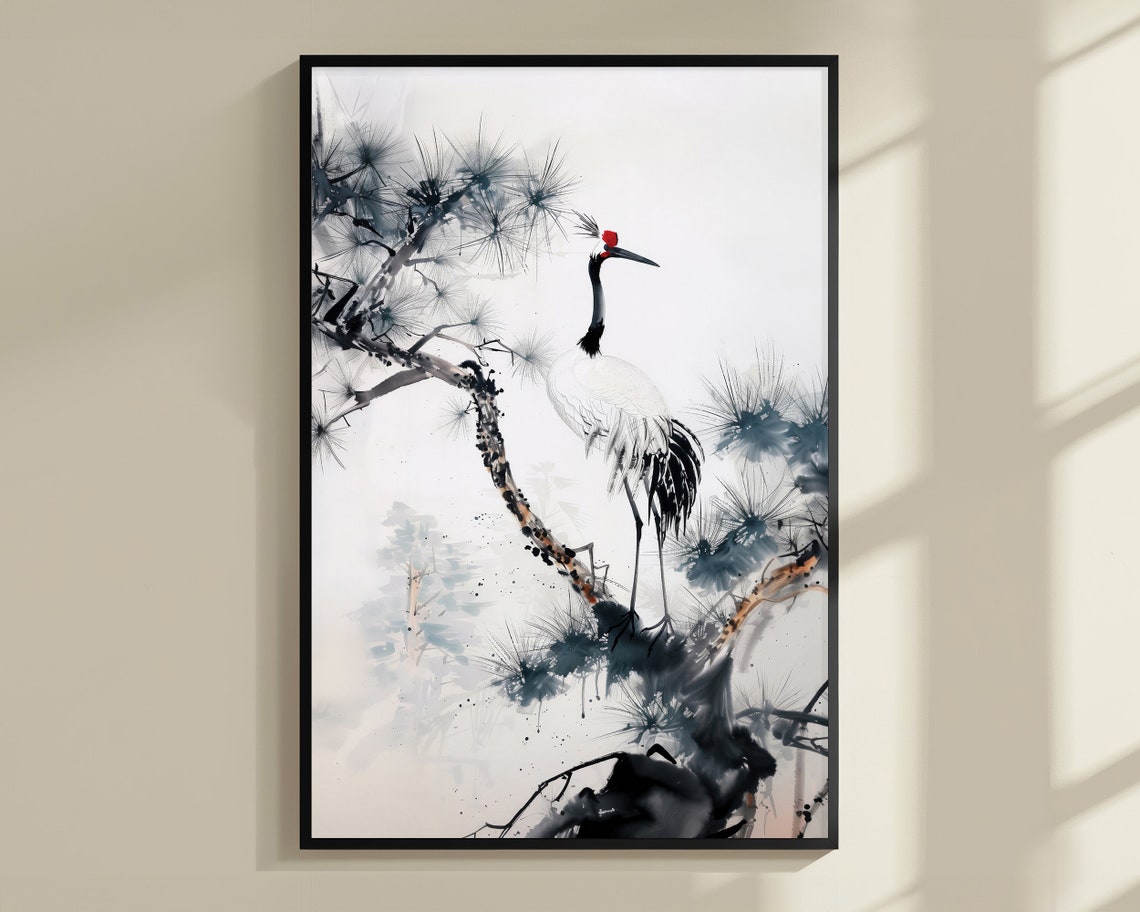Red Crowned Crane Pine Branch Chinese Ink Painting Bird Nature Poster - Image 3
